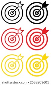 Target Bullseye with arrow line art icon for apps and websites. Target Acquisition Solid Icon. Vector icon goal in black, gold and red color. Arrows that successfully hit a target.