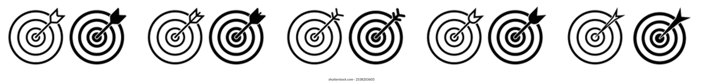 Target Bullseye with arrow line art icon for apps and websites. Target Acquisition Solid Icon. Vector icon goal in black color. Arrows that successfully hit a target.