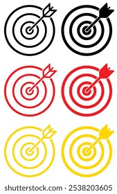 Target Bullseye with arrow line art icon for apps and websites. Target Acquisition Solid Icon. Vector icon goal in black, gold and red color. Arrows that successfully hit a target.