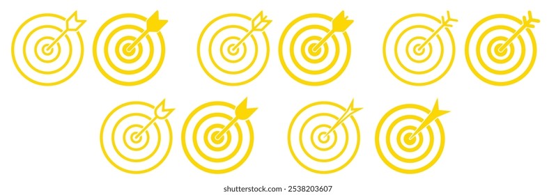 Target Bullseye with arrow line art icon for apps and websites. Target Acquisition Solid Icon. Vector icon goal in gold color. Arrows that successfully hit a target.