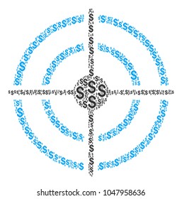 Target Bullseye composition of dollars. Vector dollar symbols are organized into target bullseye collage.