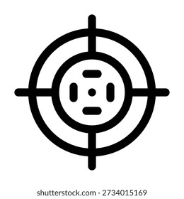 A target bullseye icon composed of concentric circles and a crosshair, with small rectangles at the center. This precise vector illustration symbolizes aiming, shooting sports, goals, focus, and accuracy.