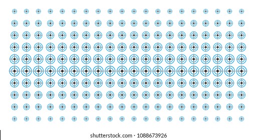 Target bullseye icon halftone pattern, designed for backgrounds, covers, templates and abstraction concepts. Vector target bullseye pictograms arranged into halftone grid.