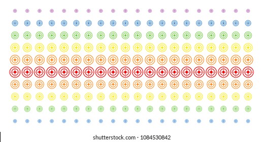 Target Bullseye icon spectrum halftone pattern. Vector pictograms arranged into halftone matrix with vertical spectrum gradient. Designed for backgrounds, covers, templates and abstraction effects.