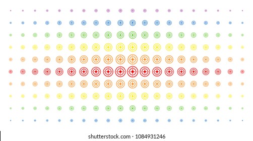 Target bullseye icon spectrum halftone pattern. Vector target bullseye objects are arranged into halftone grid with vertical spectral gradient. Designed for backgrounds, covers,