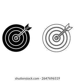 Target Bullseye Icons with Arrow - Solid Black and Outline Vector Symbols for Precision and Success