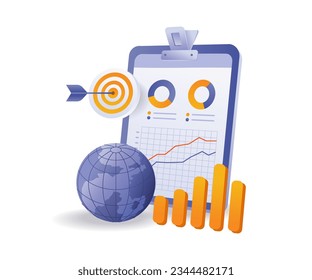 Ilustración plana e isométrica de análisis empresarial de destino