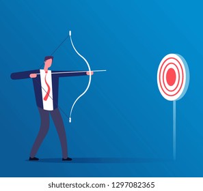 Target business concept. Businessman hitting target with bow and arrow. Challenge and focus manager, reach target vector illustration