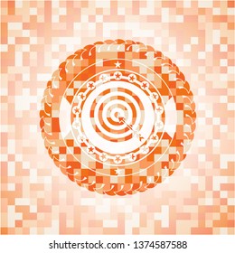 target, business icon inside abstract emblem, orange mosaic background