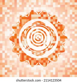 target, business icon inside abstract emblem, orange mosaic background. 