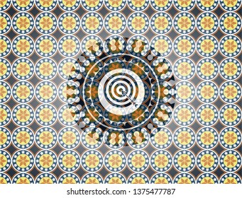 target, business icon inside arabesque badge background. arabic decoration.