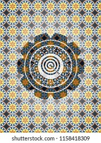 target, business icon inside arabic badge. Arabesque decoration.