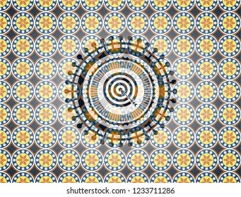 target, business icon inside arabic badge. Arabesque decoration.