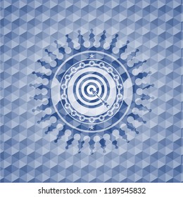 target, business icon inside blue emblem or badge with abstract geometric pattern background.