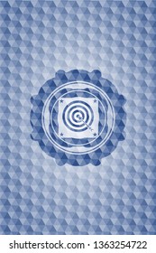 target, business icon inside blue polygonal emblem.