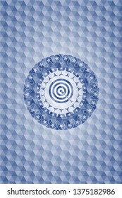 target, business icon inside blue emblem or badge with abstract geometric polygonal pattern background.
