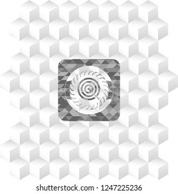 target, business icon inside grey emblem with geometric cube white background