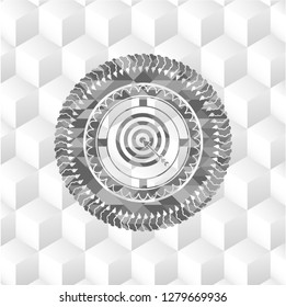 target, business icon inside grey badge with geometric cube white background