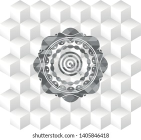 target, business icon inside grey badge with geometric cube white background