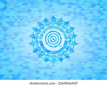 target, business icon inside light blue emblem with triangle mosaic background. 