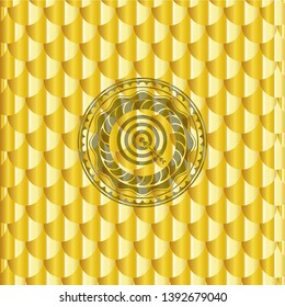 target, business icon inside shiny golden emblem. Scales pattern. Vector Illustration. Detailed.