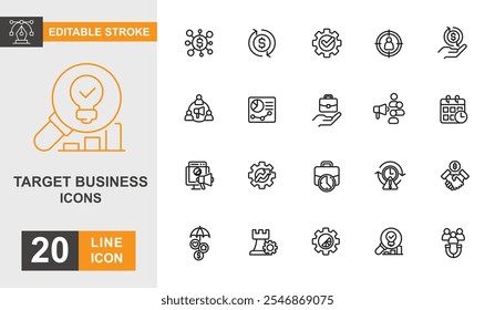 Target business icon set. Growth, idea, success, creativity and more line icon. Editable stroke icon.