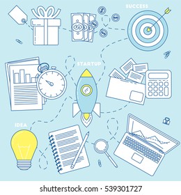 Target business illustration. Business process starting from idea, launching startup and getting success 