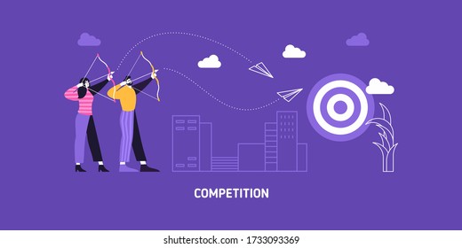 Objetivo vectorial de la ilustración de la empresa de destino. El hombre y la mujer de negocios compiten para alcanzar sus objetivos. El objetivo de rendimiento del objetivo de negocio es el éxito.
