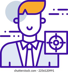Target business people icon with purple and orange duotone style. Goal, concept, idea, solution, marketing, arrow, competition. Vector illustration