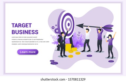 Target business web banner concept design. People holding an arrow aimed at the target board. Hit the target, Business goal achievement. Flat vector illustration