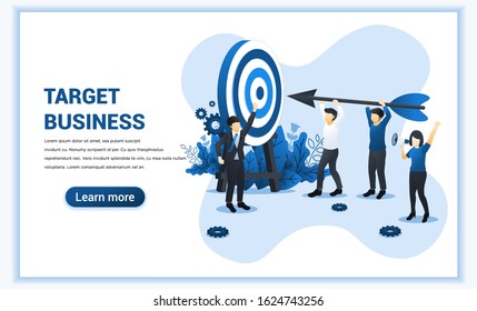 Target business web banner concept design. People holding an arrow aimed at the target board. Hit the target, Business goal achievement. Flat vector illustration