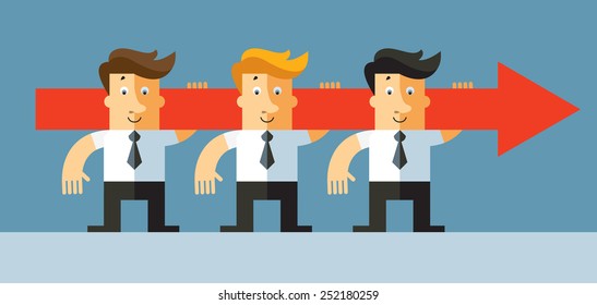 Target. Businessmen carry red arrow in teamwork concept. Business flat vector illustration.