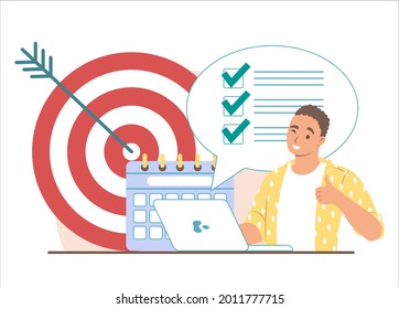 Target, calendar, to do list with check marks and businessman showing ok hand sign, flat vector illustration. Time management, planning, scheduling.