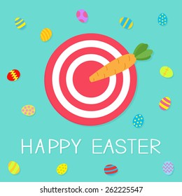 Target with carrot arrow and colored eggs.  Happy easter card Flat design background Vector illustration.