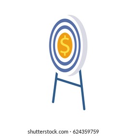 Target in center with formidable dollar in yellow circle stands on two blue stands. Goal is to enrichment in cartoon style flat design vector illustration. Target of golden coin on white background.
