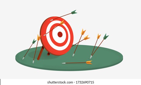 Target challenge fail arrows. Red target with pair arrows bunch missing arrows illustration unsuccessful business plan failed triumph failure vector strategy erroneous tactics leading failure.