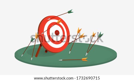 Target challenge fail arrows. Red target with pair arrows bunch missing arrows illustration unsuccessful business plan failed triumph failure vector strategy erroneous tactics leading failure.