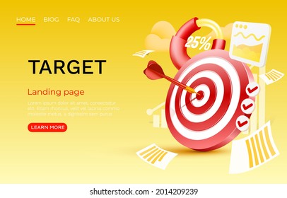 Target chart landing page, banner business 3d icon. Vector illustration