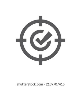 Target And Checkmark Black Vector Icon. Business Goal And Strategy With Check Mark Filled Symbol.