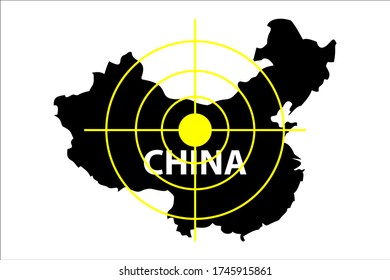 China ins Visier nehmen. Silhouette von China Karte auf weißem Hintergrund. Vektorbild des Zielbereichs. Illustration der Aggression China. China gegen Indien ist ein Konflikt.