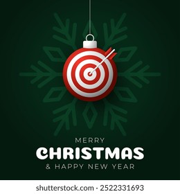 target Christmas Greeting card. Merry Christmas and happy new year sport greeting card. Hang on a thread green and red xmas ball bauble on green on background. Sport Vector illustration.