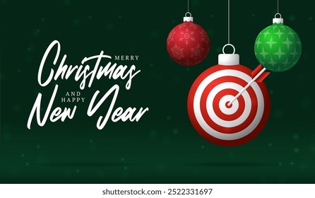 target Navidades Tarjeta de felicitación. Feliz Navidades y feliz año nuevo tarjeta de felicitación deportiva. Cuelgue en un hilo de chuchería de bola de Navidad verde y roja sobre fondo verde. Ilustración vectorial deportiva.