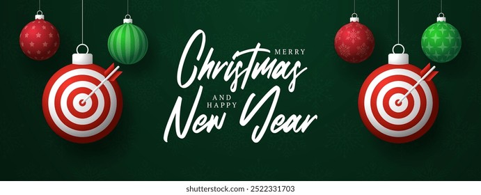 target Christmas Greeting card. Merry Christmas and happy new year sport greeting card. Hang on a thread green and red xmas ball bauble on green on background. Sport Vector illustration.