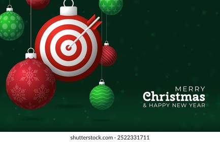 target Christmas Greeting card. Merry Christmas and happy new year sport greeting card. Hang on a thread green and red xmas ball bauble on green on background. Sport Vector illustration.