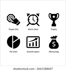 Alvo clique, Relógio despertador, Troféu, Gráfico de Pizza, Relatório de crescimento, Saco de dinheiro, ícone