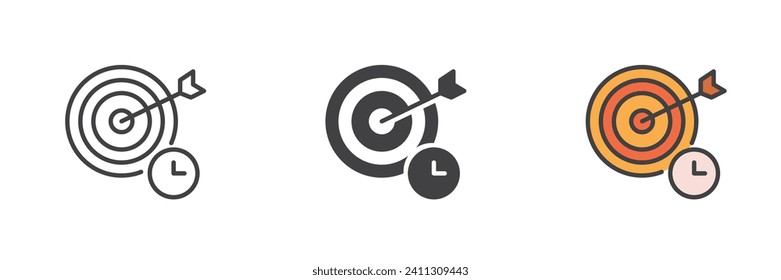 Target and clock different style icon set. Line, glyph and filled outline colorful version, outline and filled vector sign. Time management symbol, logo illustration. Vector graphics