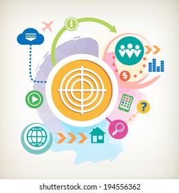 Target and cloud on abstract colorful watercolor background with different icon and elements.