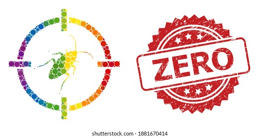 Ziel-Kakerlaken-Symbol von gefüllten Kreissäulen in verschiedenen Größen und LGBT bunten Farbtönen, und Zero schmutzigen Rosette-Stempel-Siegel. Eine gepunktete LGBT-farbige Target-Kakroakerlake für Lesbian, Schwule,