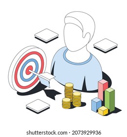 Target, coins, chart, user person account. Vector 3d sketch line isometric style, color icon illustration. Creative design idea and infographics elements.