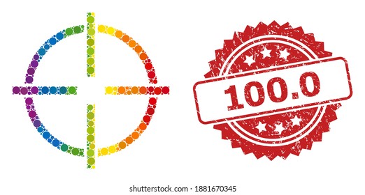 Target collage icon of spheric items in various sizes and rainbow colored color hues, and 100.0 scratched rosette stamp seal. A dotted LGBT-colored Target for lesbians, gays, transgenders,